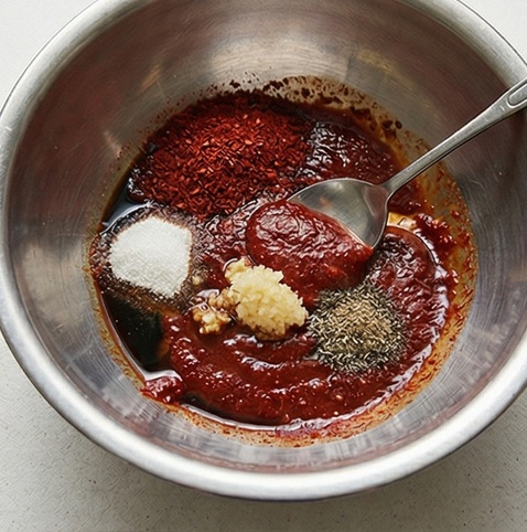 제육볶음 레시피 | 기본으로 완성되는 제육 조리 단계 2 이미지 - 볼에 고추장, 고춧가루, 간장, 설탕, 다진마늘, 후추를 넣고 잘 섞어 