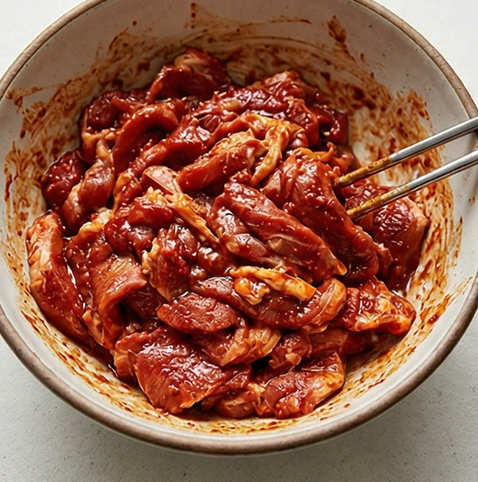 제육볶음 레시피 | 기본으로 완성되는 제육 조리 단계 3 이미지 - 손질한 돼지고기를 양념장에 넣고 고루 버무려 10분간 재운다.