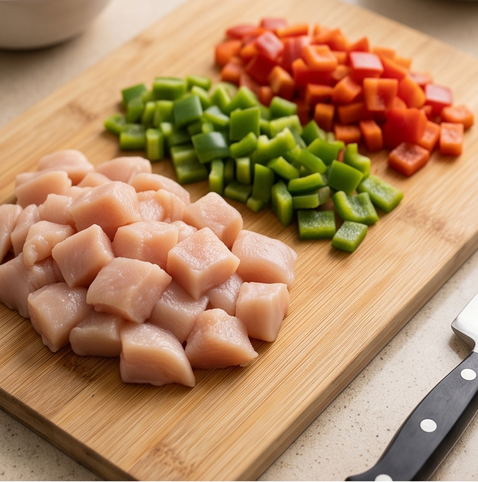 치킨 살사 퀘사디아 | 멕시코 풍미 요리 조리 단계 1 이미지 - 닭가슴살과 파프리카를 작은 주사위 모양으로 썬다.