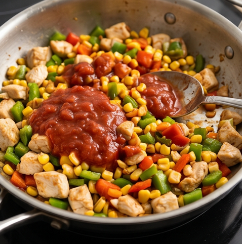 치킨 살사 퀘사디아 | 멕시코 풍미 요리 조리 단계 3 이미지 - 닭가슴살에 파프리카와 옥수수 콘을 넣고 1분간 볶은 뒤, 살사 소스를 넣