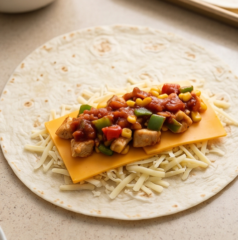 치킨 살사 퀘사디아 | 멕시코 풍미 요리 조리 단계 4 이미지 - 또띠아 한쪽 면에 모짜렐라 치즈, 체다 치즈, 볶은 재료를 순서대로 올린