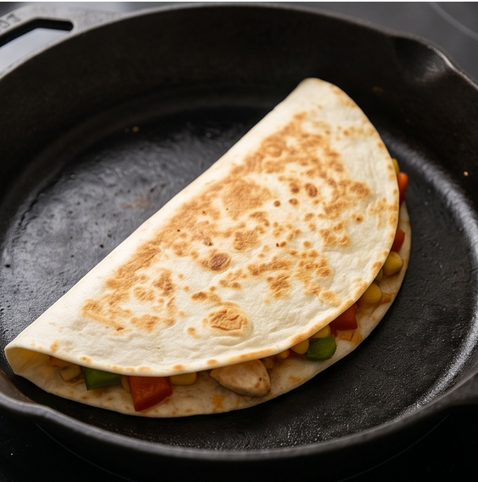 치킨 살사 퀘사디아 | 멕시코 풍미 요리 조리 단계 5 이미지 - 또띠아를 반으로 접어 반달 모양으로 만든 뒤, 팬에 올려 앞뒤로 뒤집으며