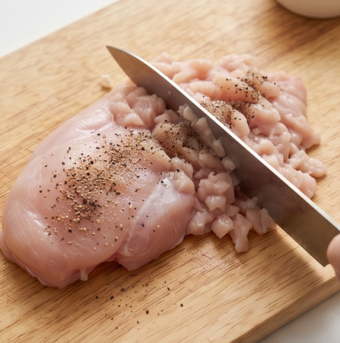 맛있어서 매일 먹는 닭가슴살 소보로 비빔밥 | 고단백 저탄수화물 조리 단계 1 이미지 - 닭가슴살은 칼로 잘게 다지거나 결대로 곱게 찢고 후추를 뿌려 밑간한다.