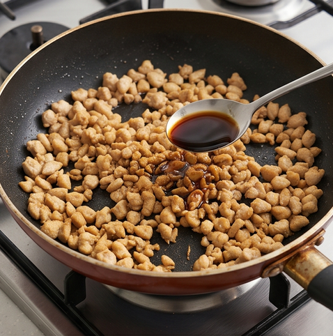 맛있어서 매일 먹는 닭가슴살 소보로 비빔밥 | 고단백 저탄수화물 조리 단계 2 이미지 - 달군 팬에 닭가슴살을 넣고 중불에서 수분을 날리며 고슬고슬하게 볶다가 진