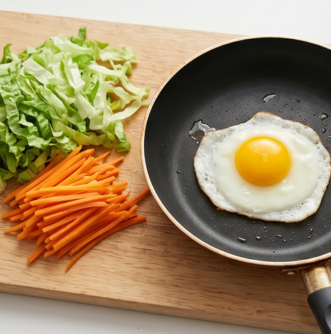 맛있어서 매일 먹는 닭가슴살 소보로 비빔밥 | 고단백 저탄수화물 조리 단계 3 이미지 - 상추와 당근은 곱게 채 썰고, 달걀은 프라이팬에 노른자가 터지지 않게 프