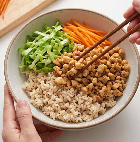 맛있어서 매일 먹는 닭가슴살 소보로 비빔밥 | 고단백 저탄수화물 조리 단계 4 이미지 - 그릇에 현미밥을 담고 그 위에 채 썬 상추, 당근, 닭가슴살 소보로를 보