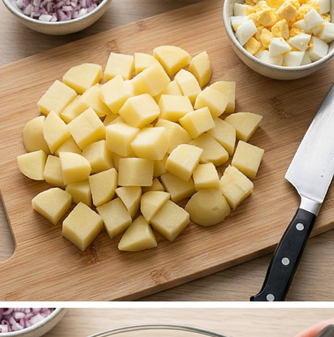 크리미 감자 샐러드 | 감자마요 베이스 사이드 조리 단계 1 이미지 - 감자는 껍질을 벗겨 2cm 크기로 깍둑썰고, 양파와 오이피클, 삶은 달걀