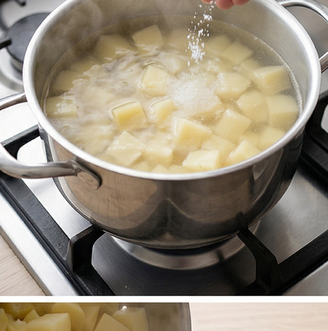 크리미 감자 샐러드 | 감자마요 베이스 사이드 조리 단계 2 이미지 - 냄비에 감자와 물, 소금을 넣고 끓인 뒤 중불에서 10~12분간 감자가 