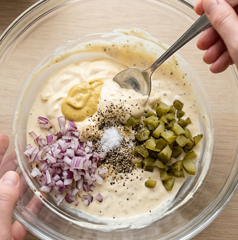 크리미 감자 샐러드 | 감자마요 베이스 사이드 조리 단계 3 이미지 - 큰 볼에 마요네즈, 머스터드, 다진 오이피클, 다진 양파, 소금, 후추를