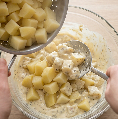크리미 감자 샐러드 | 감자마요 베이스 사이드 조리 단계 4 이미지 - 삶은 감자는 체에 밭쳐 물기를 빼고 뜨거울 때 드레싱에 넣어 고루 섞습니