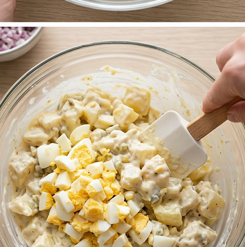 크리미 감자 샐러드 | 감자마요 베이스 사이드 조리 단계 5 이미지 - 굵게 다진 삶은 달걀을 넣고 주걱으로 살살 섞어 그릇에 담아 마무리합니다