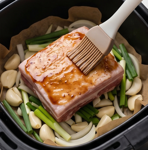 에어프라이어 통삼겹 차슈 | 육즙 폭발 겉바속촉 조리 단계 3 이미지 - 에어프라이어 바닥에 대파와 양파, 통마늘을 깔고 그 위에 고기를 올린 뒤