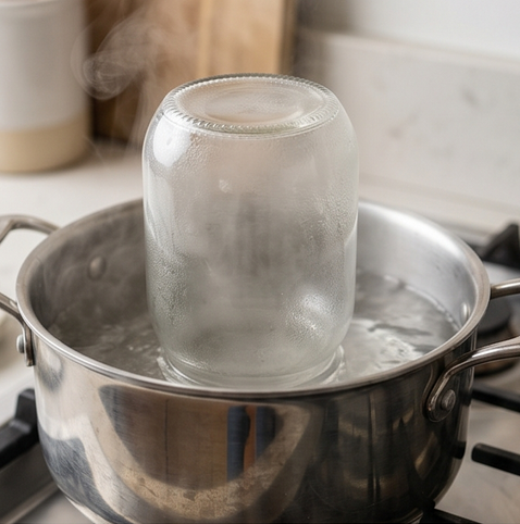 오이 피클 | 황금비율 기본 피클 조리 단계 1 이미지 - 유리병을 깨끗이 씻은 후 찬물에 거꾸로 세워 넣고 함께 끓인다. 물이 끓