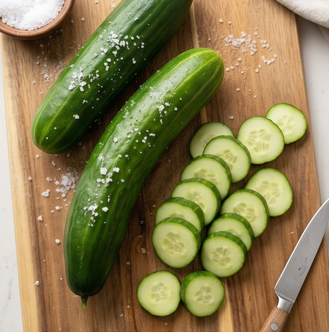 오이 피클 | 황금비율 기본 피클 조리 단계 2 이미지 - 오이는 굵은 소금으로 표면을 문질러 씻고, 양 끝을 잘라낸 뒤 0.5~1