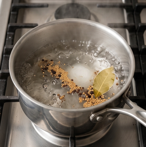 오이 피클 | 황금비율 기본 피클 조리 단계 3 이미지 - 냄비에 물, 식초, 설탕, 천일염, 피클링 스파이스, 월계수 잎을 넣고 