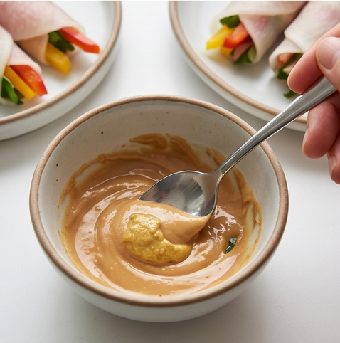 훈제오리 무쌈말이 | 알록달록 눈이 즐거운 레시피 조리 단계 5 이미지 - 볼에 땅콩버터, 머스타드, 올리고당, 레몬즙을 넣고 잘 섞은 뒤 무쌈말이