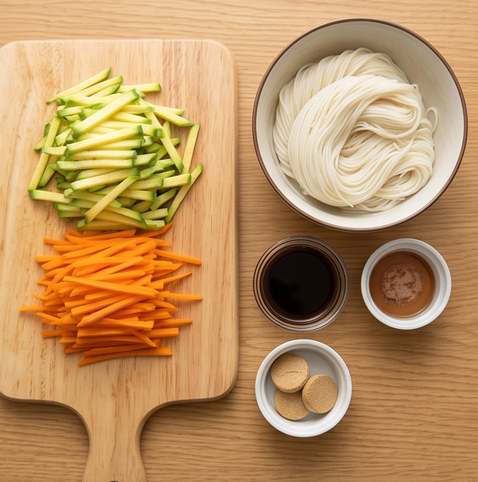 동전육수 잔치국수 | 10분만에 완성하는 기본국수 조리 단계 1 이미지 - 애호박과 당근을 곱게 채썰고, 소면과 동전 육수, 국간장, 참치액을 계량