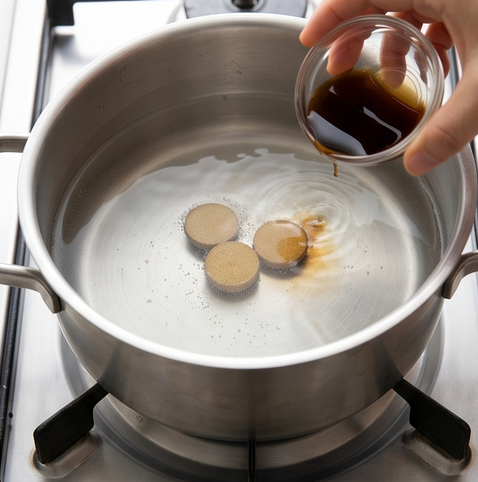 동전육수 잔치국수 | 10분만에 완성하는 기본국수 조리 단계 2 이미지 - 냄비에 물 1리터를 붓고 동전 육수 2알을 넣은 뒤 끓기 시작하면 국간장