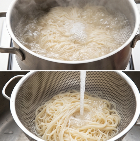 동전육수 잔치국수 | 10분만에 완성하는 기본국수 조리 단계 4 이미지 - 다른 냄비에 물을 끓여 소면을 3~4분간 삶은 뒤 찬물에 헹궈 물기를 빼
