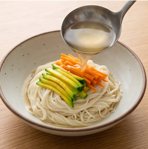 동전육수 잔치국수 | 10분만에 완성하는 기본국수 조리 단계 5 이미지 - 그릇에 소면을 담고 데친 채소를 올린 뒤 뜨거운 육수를 부어 바로 제공합