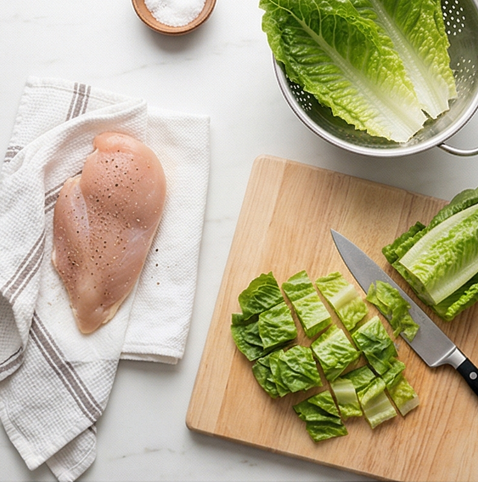 닭가슴살 크루통 시저 샐러드 | 셀러드로 만드는 완전 식품 조리 단계 1 이미지 - 닭가슴살은 키친타월로 물기를 닦고 소금, 후추로 양면을 간합니다. 로메인