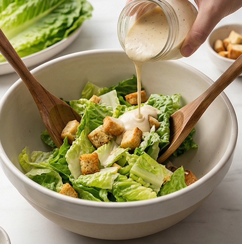 닭가슴살 크루통 시저 샐러드 | 셀러드로 만드는 완전 식품 조리 단계 3 이미지 - 큰 볼에 손질한 로메인 상추와 크루통을 넣고, 시저 드레싱 2큰술을 넣어