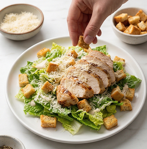 닭가슴살 크루통 시저 샐러드 | 셀러드로 만드는 완전 식품 조리 단계 4 이미지 - 버무린 샐러드를 접시에 담고, 위에 구운 닭가슴살 조각과 파르메산 치즈를