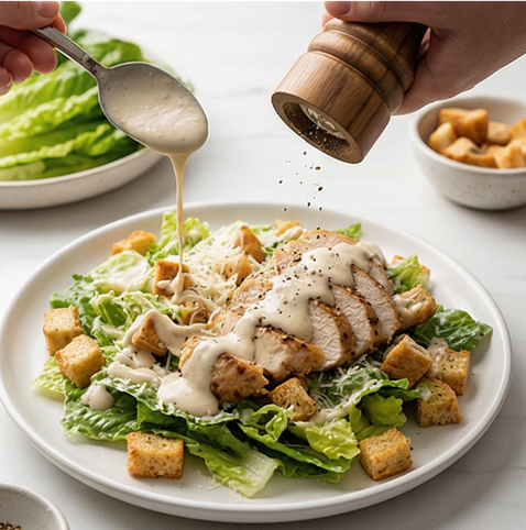 닭가슴살 크루통 시저 샐러드 | 셀러드로 만드는 완전 식품 조리 단계 5 이미지 - 남은 시저 드레싱 1큰술을 골고루 뿌리고, 후추를 약간 갈아 마무리합니다