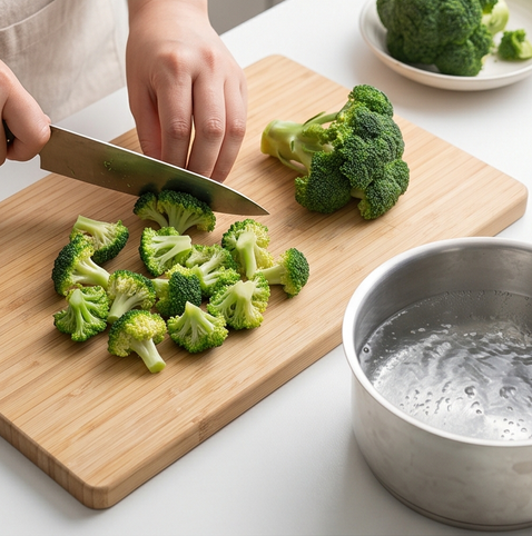 브로콜리 두부 크림드 샐러드 | 단백질과 칼슘 한번에 챙기기 조리 단계 1 이미지 - 브로콜리를 한 입 크기로 자르고 끓는 물에 1분 30초간 데친 후 찬물에