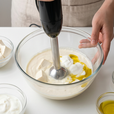 브로콜리 두부 크림드 샐러드 | 단백질과 칼슘 한번에 챙기기 조리 단계 2 이미지 - 물기를 뺀 두부, 플레인 요거트, 올리브유, 레몬즙, 소금, 후추를 볼에