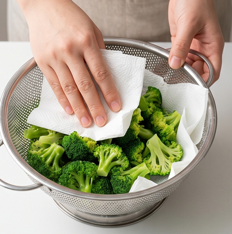 브로콜리 두부 크림드 샐러드 | 단백질과 칼슘 한번에 챙기기 조리 단계 3 이미지 - 데친 브로콜리의 물기를 키친타월로 꼼꼼히 닦아낸다.