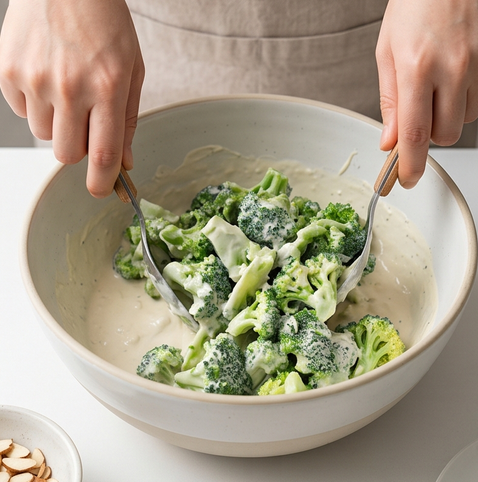 브로콜리 두부 크림드 샐러드 | 단백질과 칼슘 한번에 챙기기 조리 단계 4 이미지 - 큰 볼에 브로콜리와 두부 드레싱을 넣고 고루 섞는다.