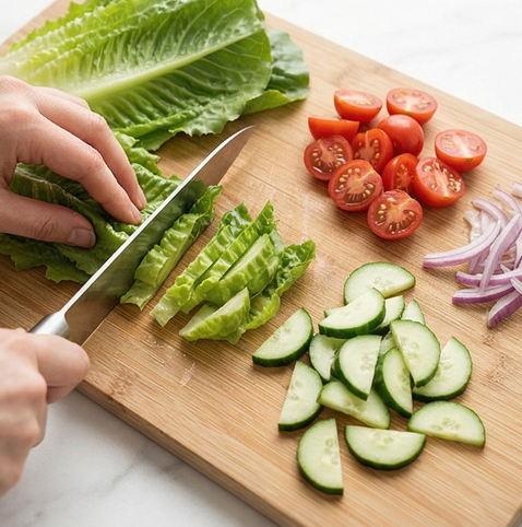 비네그레트 샐러드 | 프렌치 레시피 조리 단계 1 이미지 - 로메인 상추는 깨끗이 씻어 물기를 제거한 뒤 한 입 크기로 자릅니다. 오