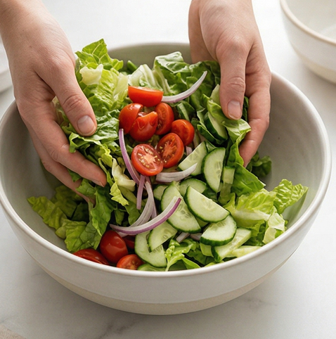 비네그레트 샐러드 | 프렌치 레시피 조리 단계 3 이미지 - 손질한 로메인 상추, 오이, 방울토마토, 적양파를 넓은 볼에 담아 고루 
