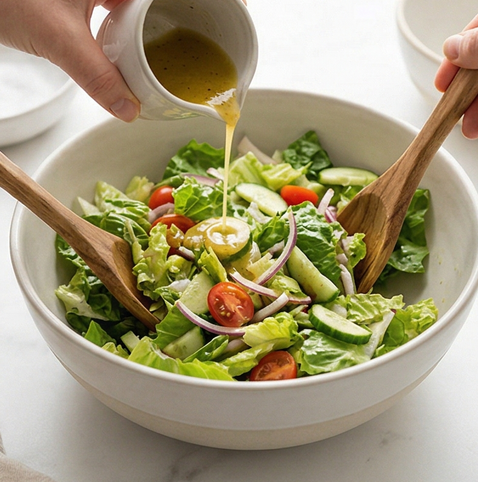 비네그레트 샐러드 | 프렌치 레시피 조리 단계 4 이미지 - 샐러드 볼에 준비한 드레싱을 넣고 가볍게 섞어 채소에 드레싱이 고루 묻도