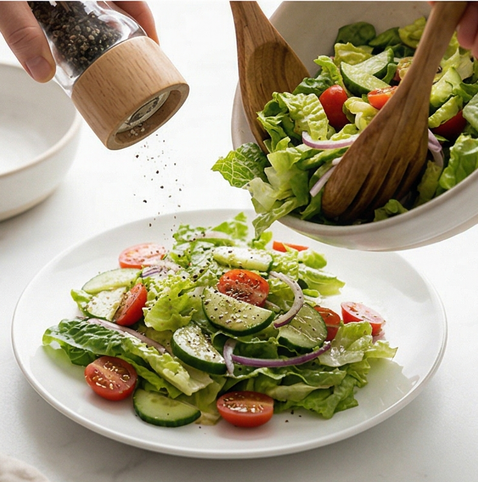 비네그레트 샐러드 | 프렌치 레시피 조리 단계 5 이미지 - 완성된 샐러드를 접시에 담고 원한다면 후추를 조금 더 뿌려 마무리합니다.