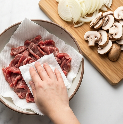비프 머쉬룸 퀘사디아 | 치즈와 또띠야로 만드는 레시피 조리 단계 1 이미지 - 소고기는 키친타월로 핏물을 닦고 간장, 올리고당, 다진 마늘, 후추를 넣