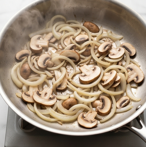비프 머쉬룸 퀘사디아 | 치즈와 또띠야로 만드는 레시피 조리 단계 2 이미지 - 달군 팬에 양파와 양송이버섯을 넣고 중불에서 수분이 날아갈 때까지 볶는다