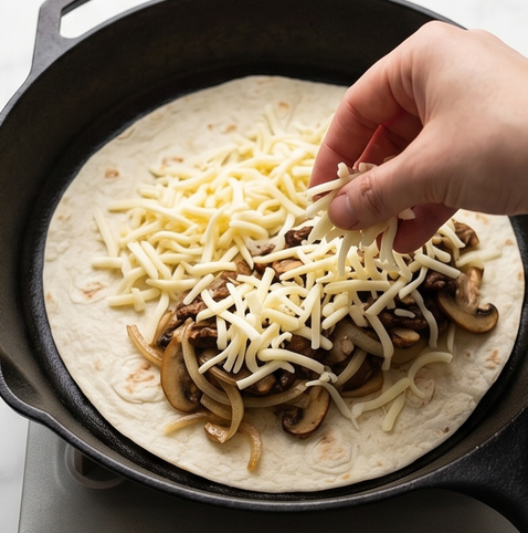 비프 머쉬룸 퀘사디아 | 치즈와 또띠야로 만드는 레시피 조리 단계 4 이미지 - 마른 팬에 또띠아 한 장을 올리고 치즈, 볶은 양파와 버섯, 볶은 소고기