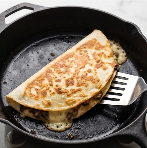 비프 머쉬룸 퀘사디아 | 치즈와 또띠야로 만드는 레시피 조리 단계 5 이미지 - 약불에서 또띠아 양면을 노릇하게 굽고 치즈가 녹을 때까지 익힌 뒤 도마에