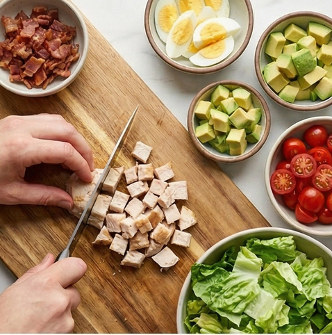 코브 샐러드 | 고단백 샐러드 조리 단계 1 이미지 - 닭가슴살은 삶거나 구워 한입 크기로 자르고, 베이컨은 바삭하게 구워 잘게