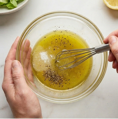 코브 샐러드 | 고단백 샐러드 조리 단계 2 이미지 - 작은 볼에 올리브오일, 레몬즙, 소금, 후추를 넣고 거품기로 고루 섞어 