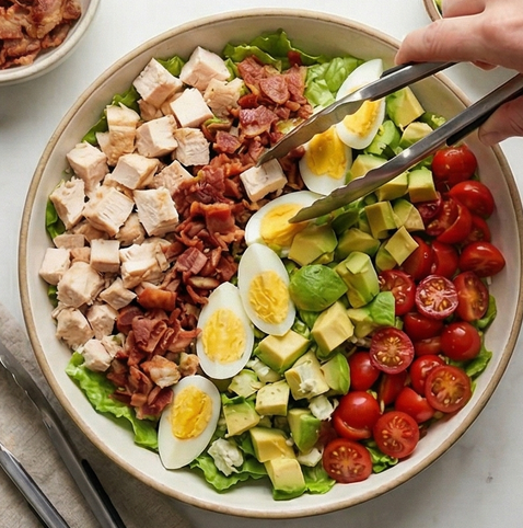 코브 샐러드 | 고단백 샐러드 조리 단계 4 이미지 - 채소 위에 닭가슴살, 베이컨, 달걀, 아보카도, 방울토마토, 블루치즈를 