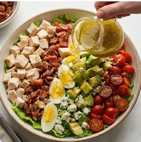 코브 샐러드 | 고단백 샐러드 조리 단계 5 이미지 - 만든 드레싱을 샐러드 전체에 고루 뿌리고, 필요하면 소금과 후추로 간을 