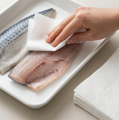 카레 고등어 구이 | 색다른 풍미 고등어 구이 조리 단계 1 이미지 - 고등어 필렛을 깨끗이 씻고 키친타월로 물기를 닦는다.