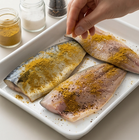 카레 고등어 구이 | 색다른 풍미 고등어 구이 조리 단계 2 이미지 - 고등어 양면에 소금, 후추, 카레가루를 고루 뿌린다.