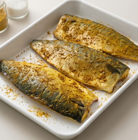 카레 고등어 구이 | 색다른 풍미 고등어 구이 조리 단계 3 이미지 - 양념한 고등어를 10분간 실온에 둔다.