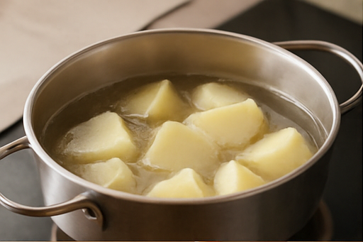 밀리언 달러 메시드 포테이토 조리 단계 1 이미지 - 감자는 껍질을 벗기고 4등분하여 냄비에 담고, 물을 넉넉히 부어 15분간