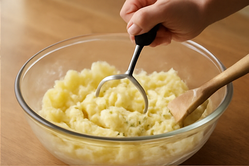 밀리언 달러 메시드 포테이토 조리 단계 2 이미지 - 삶은 감자를 체에 밭쳐 물기를 빼고, 볼에 담아 뜨거울 때 곱게 으깨줍니