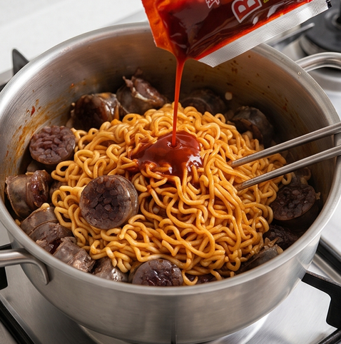 Buldak Sundae Bokkeum | 불닭 순대 볶음 조리 단계 3 이미지 - Add the liquid sauce from the noodle pac